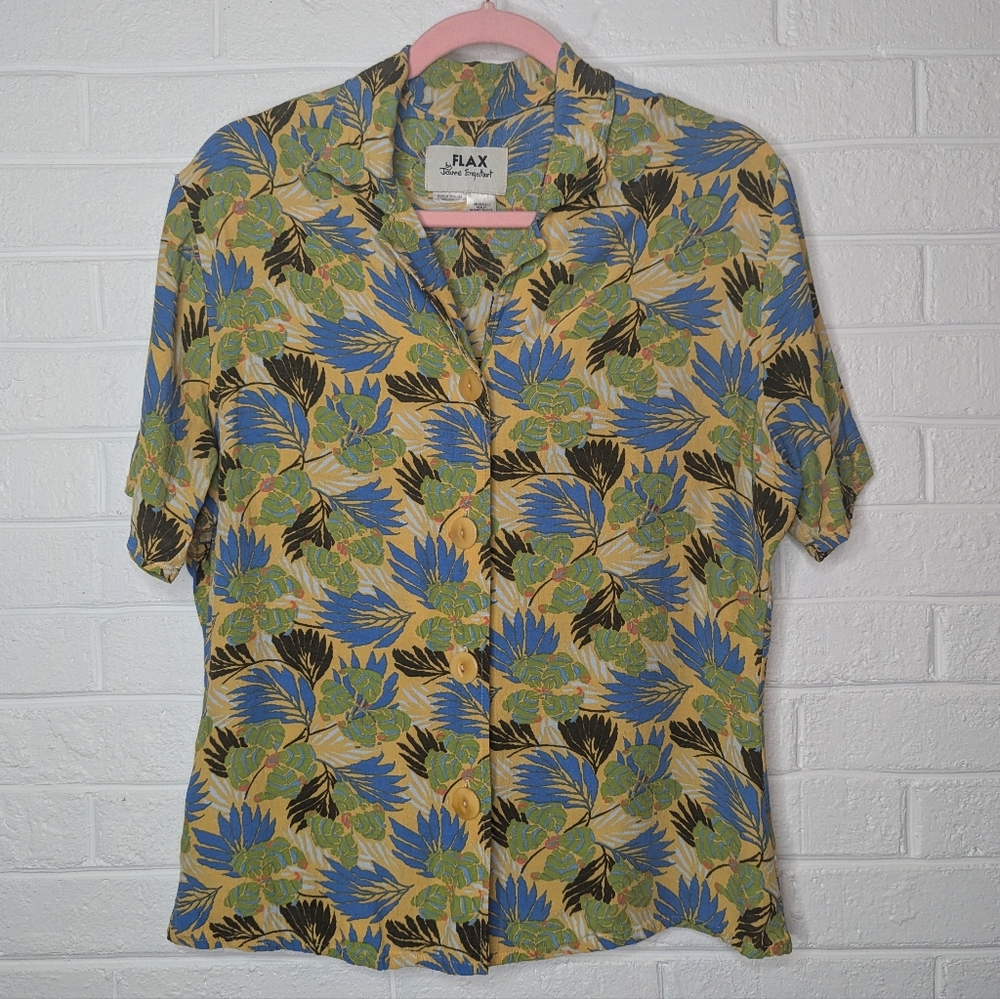 Flax by Jeanne Engelhart Tropical Print Rayon Button Down Top